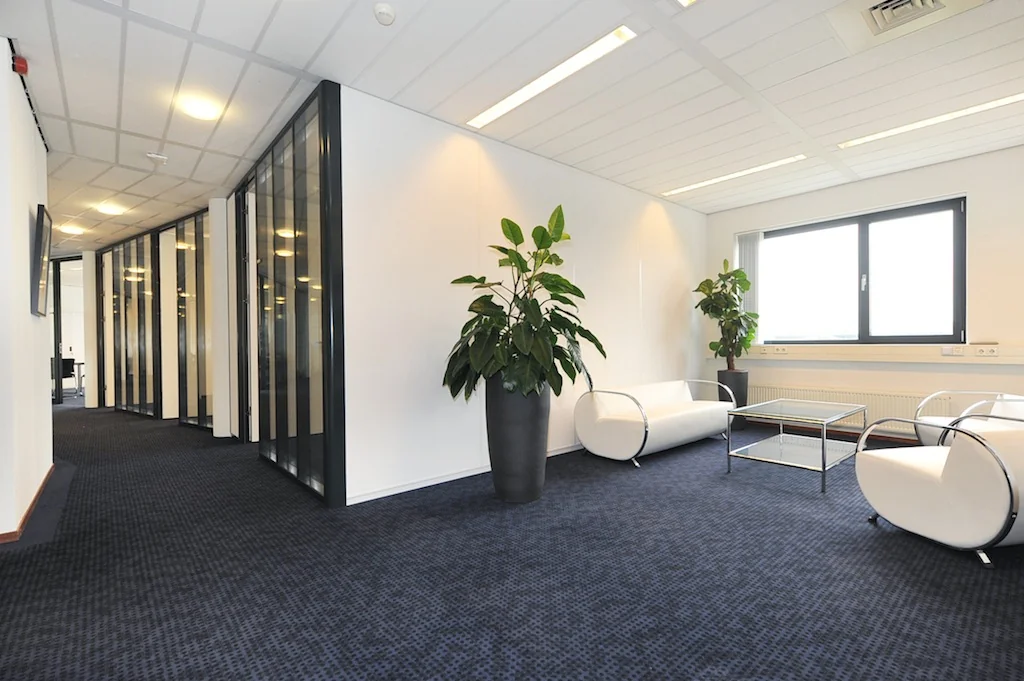 Moderne wachtruimte in kantoor aan de Laan van ’s-Gravenmade met witte designstoelen, glazen tafel en grote planten.
